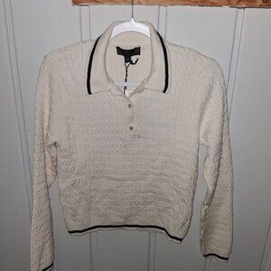 Zara Women's Ivory & Navy Blue Trim Cable Knit Polo Sweater NWT Sz S